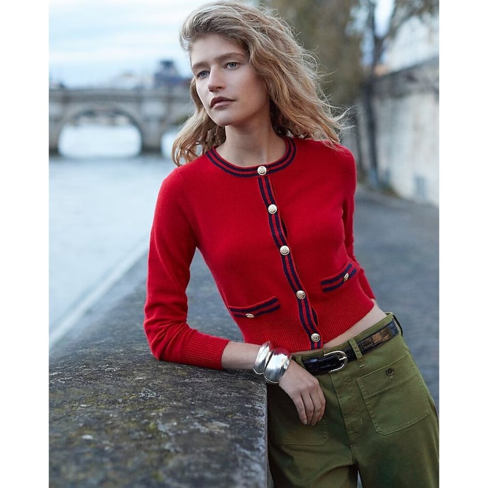 NWT J.Crew Cashmere Sweater Lady Jacket in Cardinal Red Navy Contrast Trim L - Picture 3 of 7
